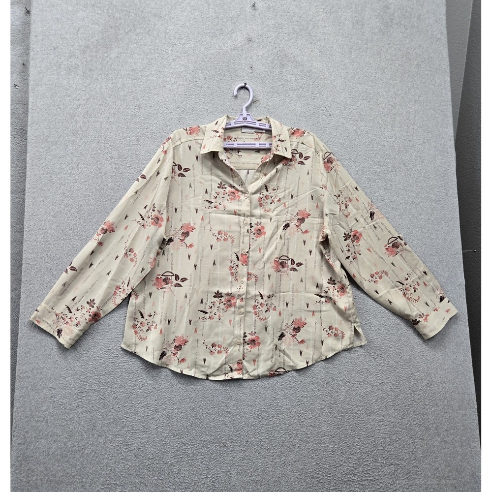 Chico's Women Button Up‎ Shirt 3 Beige Floral Long Sleeve Collar Roll Tab Sleeve